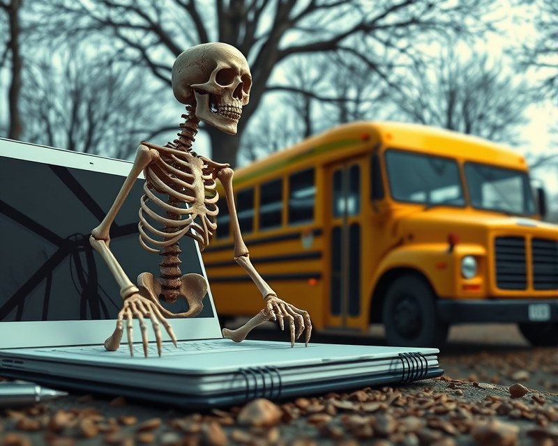 notebook, school bus, skeleton